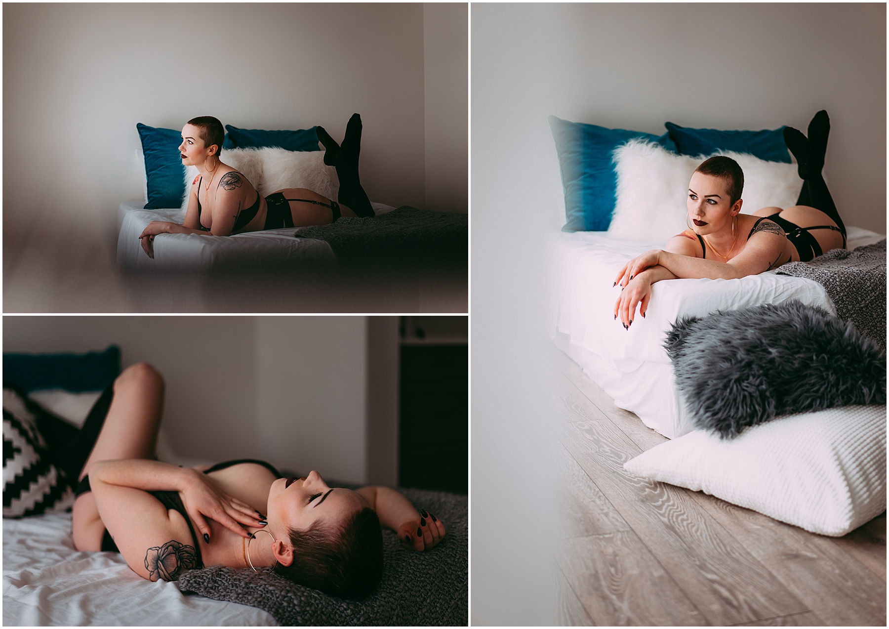 A woman poses for her boudoir photography session at a studio in Edmonton, Alberta, Canada