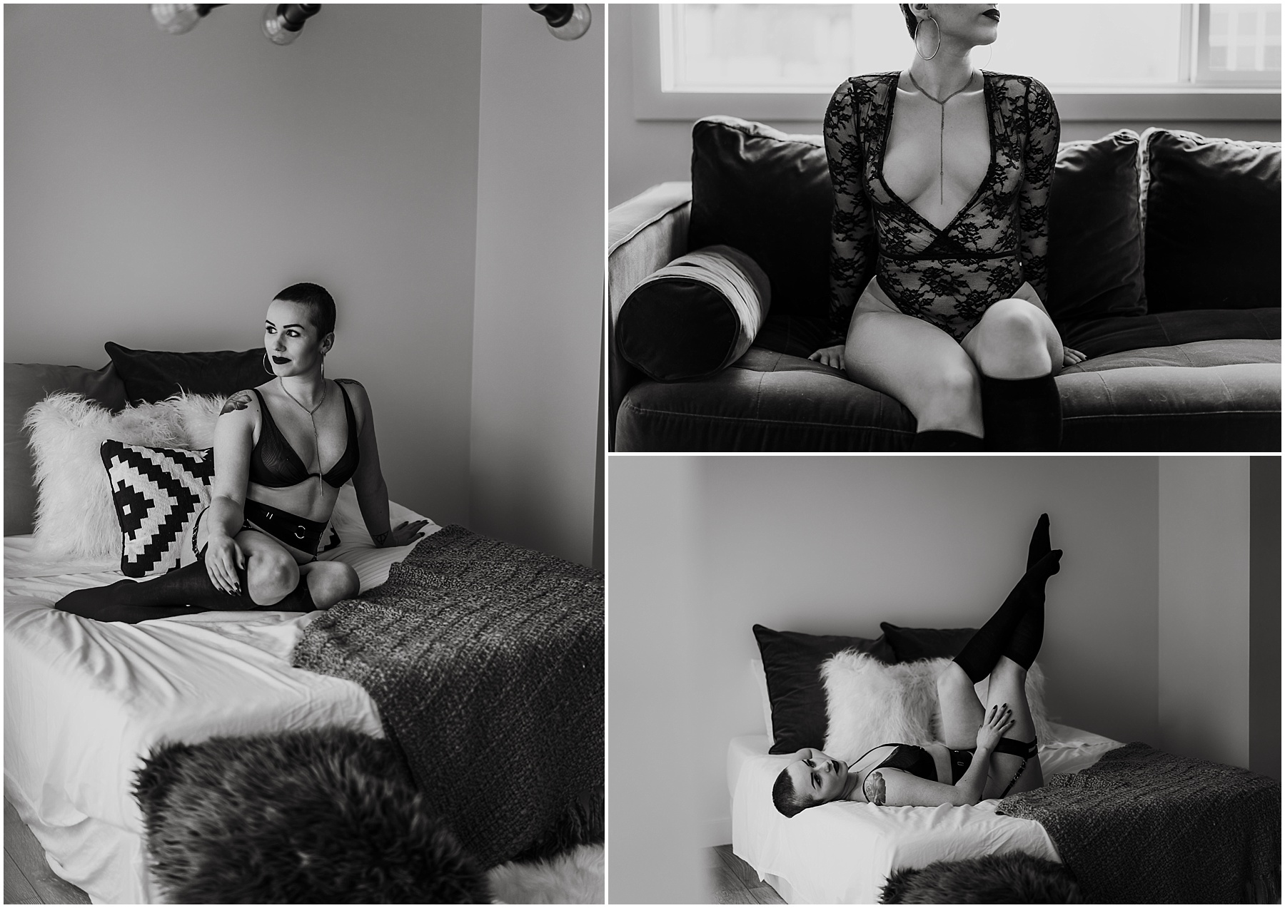 A woman poses for her boudoir photography session at a studio in Edmonton, Alberta, Canada