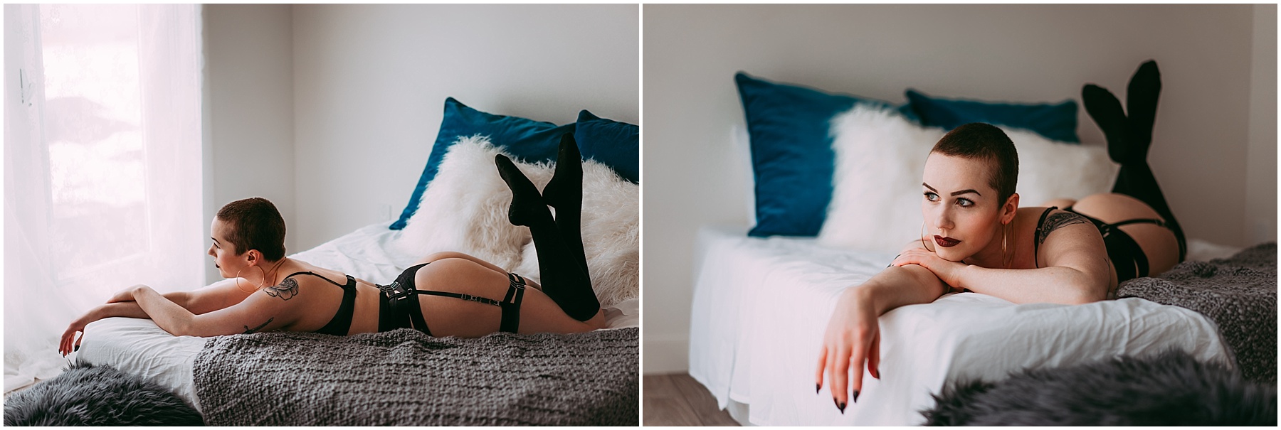 A woman poses for her boudoir photography session at a studio in Edmonton, Alberta, Canada