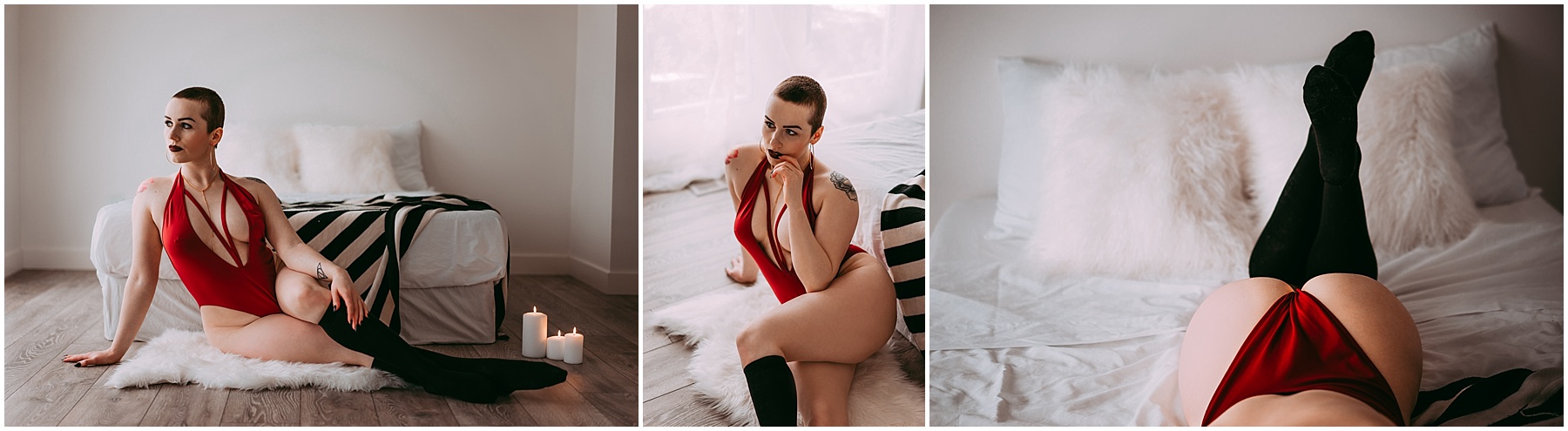 A woman poses for her boudoir photography session at a studio in Edmonton, Alberta, Canada