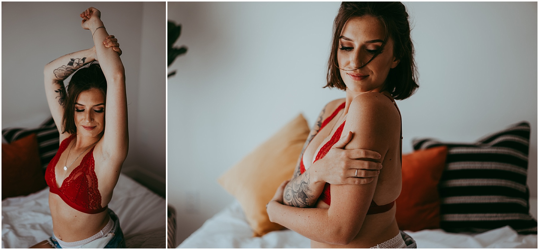 A woman poses for a boudoir photos with Emily Schutz Photography in Edmonton, Alberta, Canada.