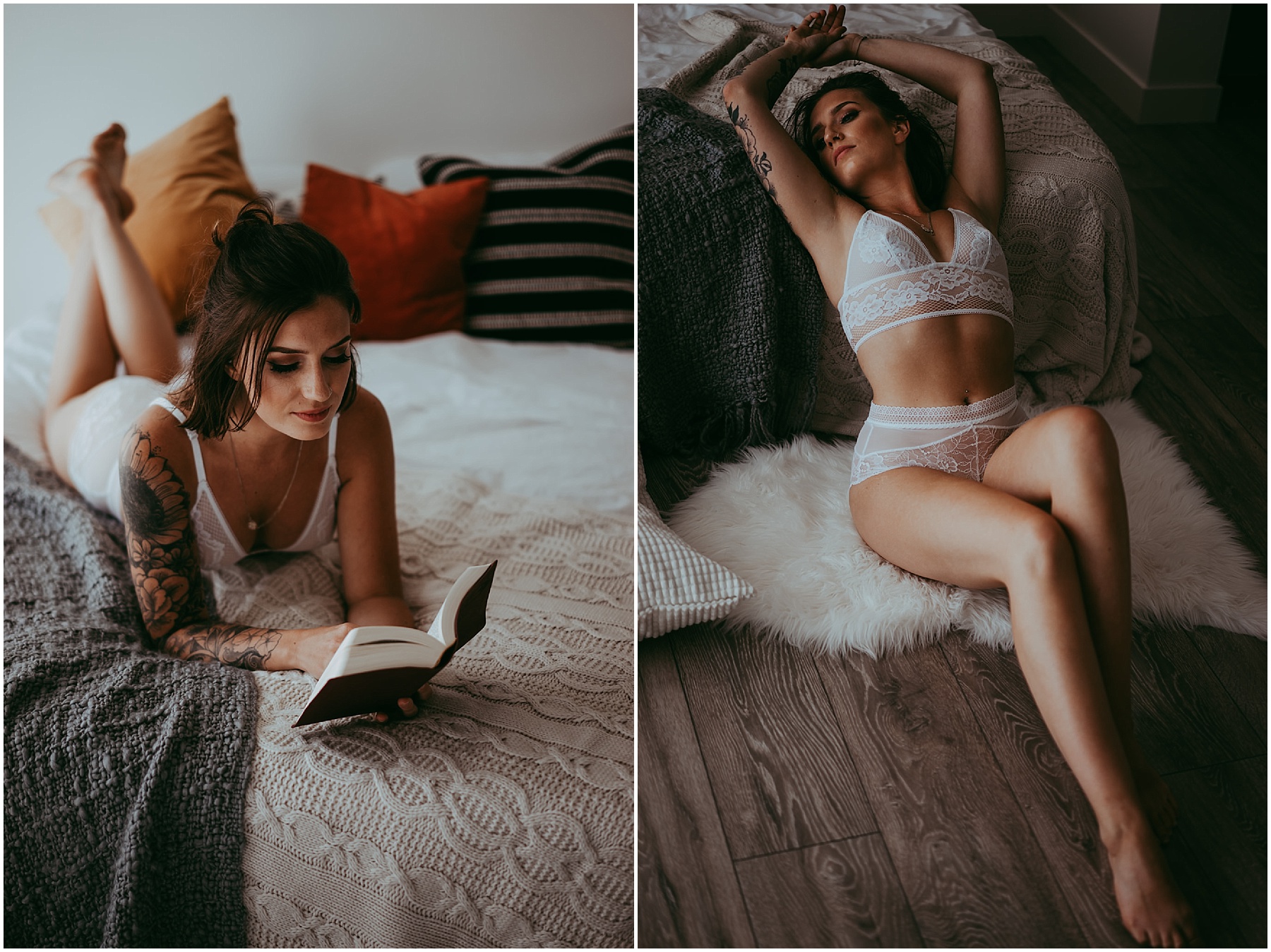 A woman poses for a boudoir photos with Emily Schutz Photography in Edmonton, Alberta, Canada.